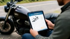 Motorcycle rider calculating loan payments using digital device