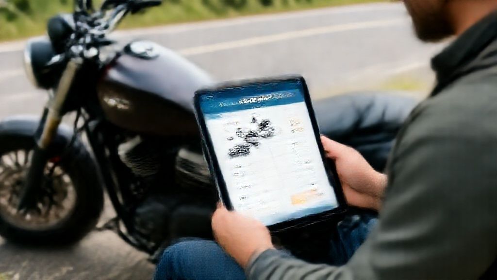Motorcycle rider calculating loan payments using digital device