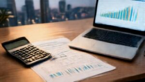 Business professional analyzing finances with net profit calculator