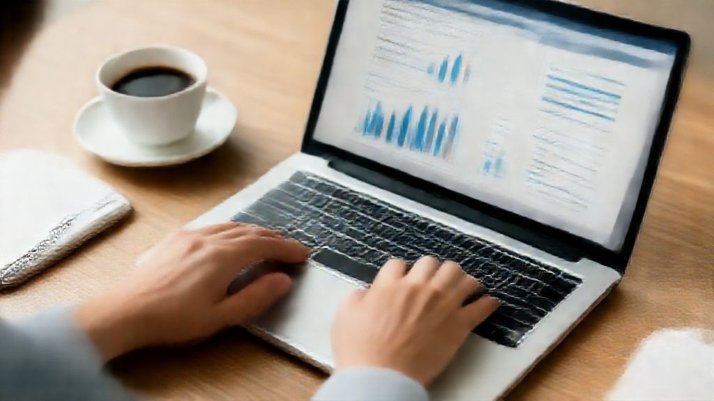 Business person calculating POD profits on laptop with coffee and notebook