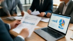 Business professionals using profit sharing calculator for financial planning