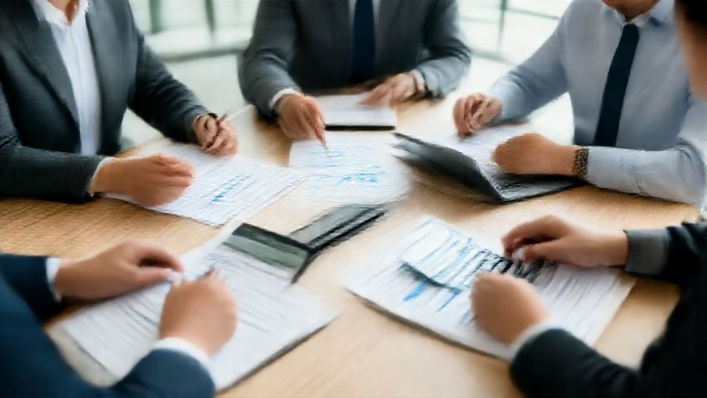 Business team analyzing projected profit data with financial calculator and charts