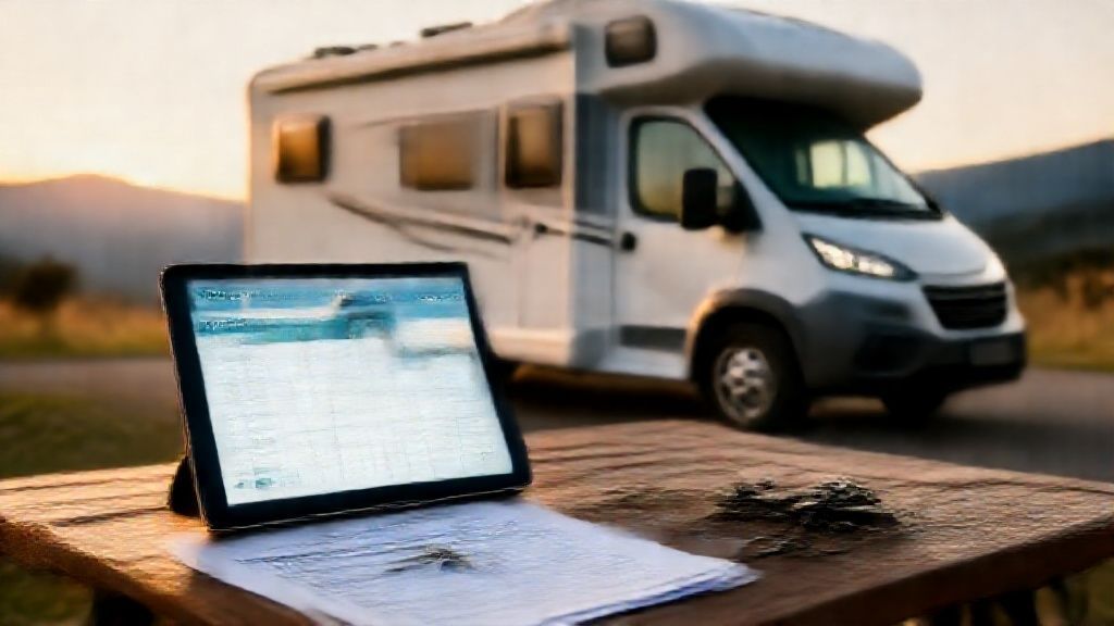 RV loan calculator displayed on tablet beside camper keys at campsite