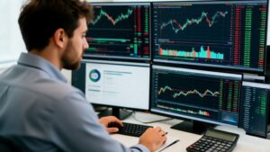 Trader analyzing short selling data on multiple screens with financial charts and calculators in professional office setting