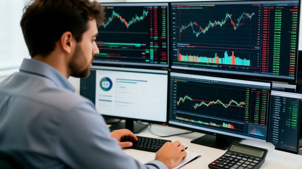 Short Selling Analysis and Trading Trader analyzing short selling data on multiple screens with financial charts and calculators in professional office setting
