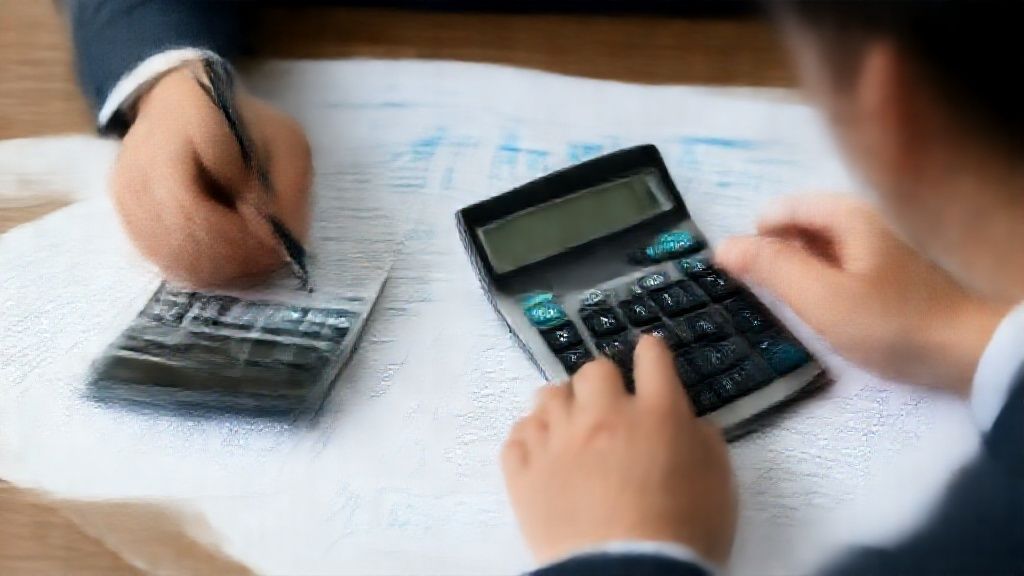 Tax on Profit Calculation Businessman calculating tax liability with calculator and financial documents.
