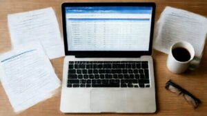 VRS retirement calculator interface with pension documents on desk